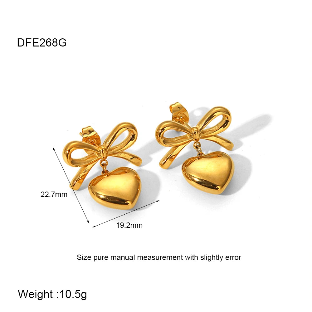 INS Trend Stainless Steel 18K Gold Plated Silver Color Gold Color Two Tone Ribbon Heart Drop Studs Earrings for Girls Jewelry