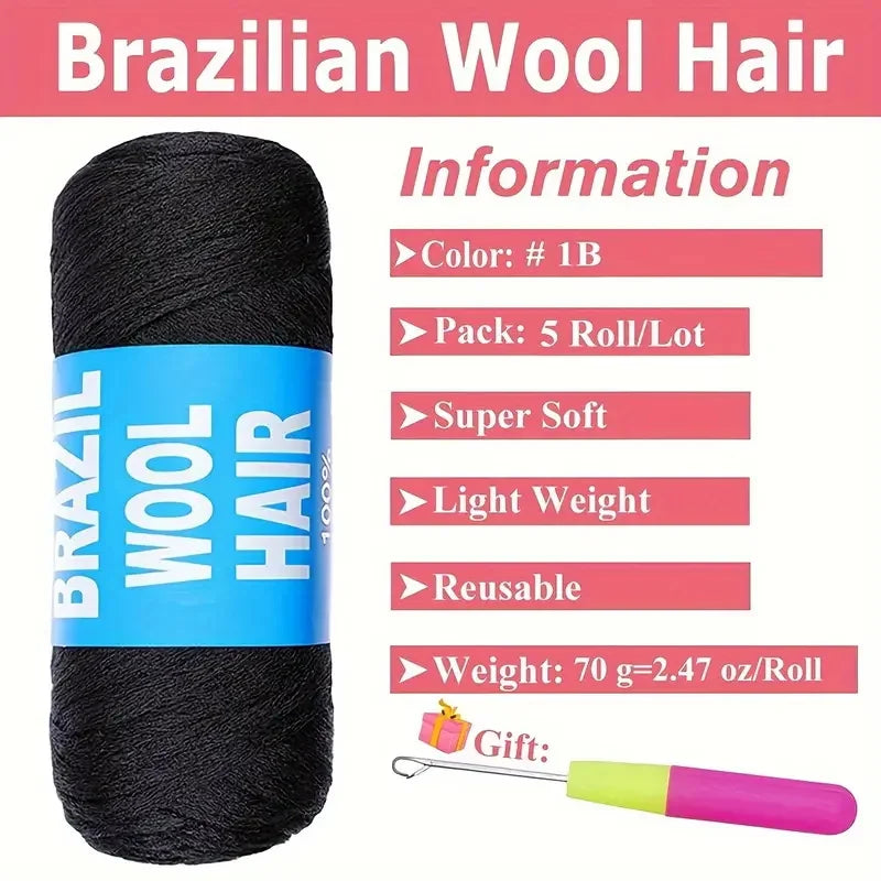 5 Roll Black Brazilian Wool Hair Acrylic Yarn For African Synthetic Crochet