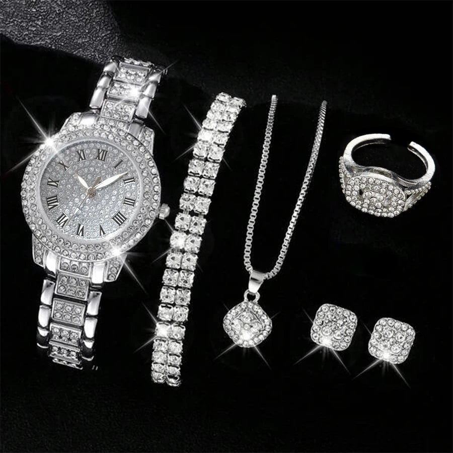 6PCS Women Watch Luxury Elegant Alloy Watch Crystal Wristwatch For Ladies