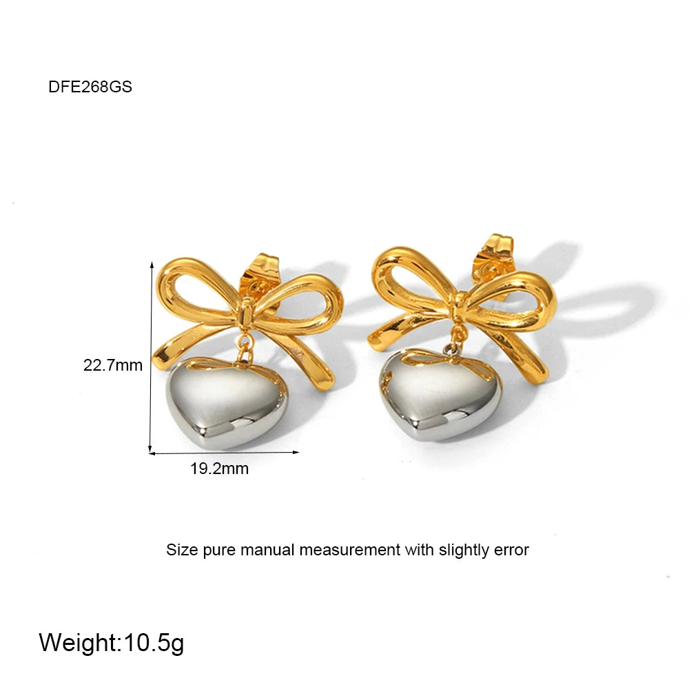 INS Trend Stainless Steel 18K Gold Plated Silver Color Gold Color Two Tone Ribbon Heart Drop Studs Earrings for Girls Jewelry