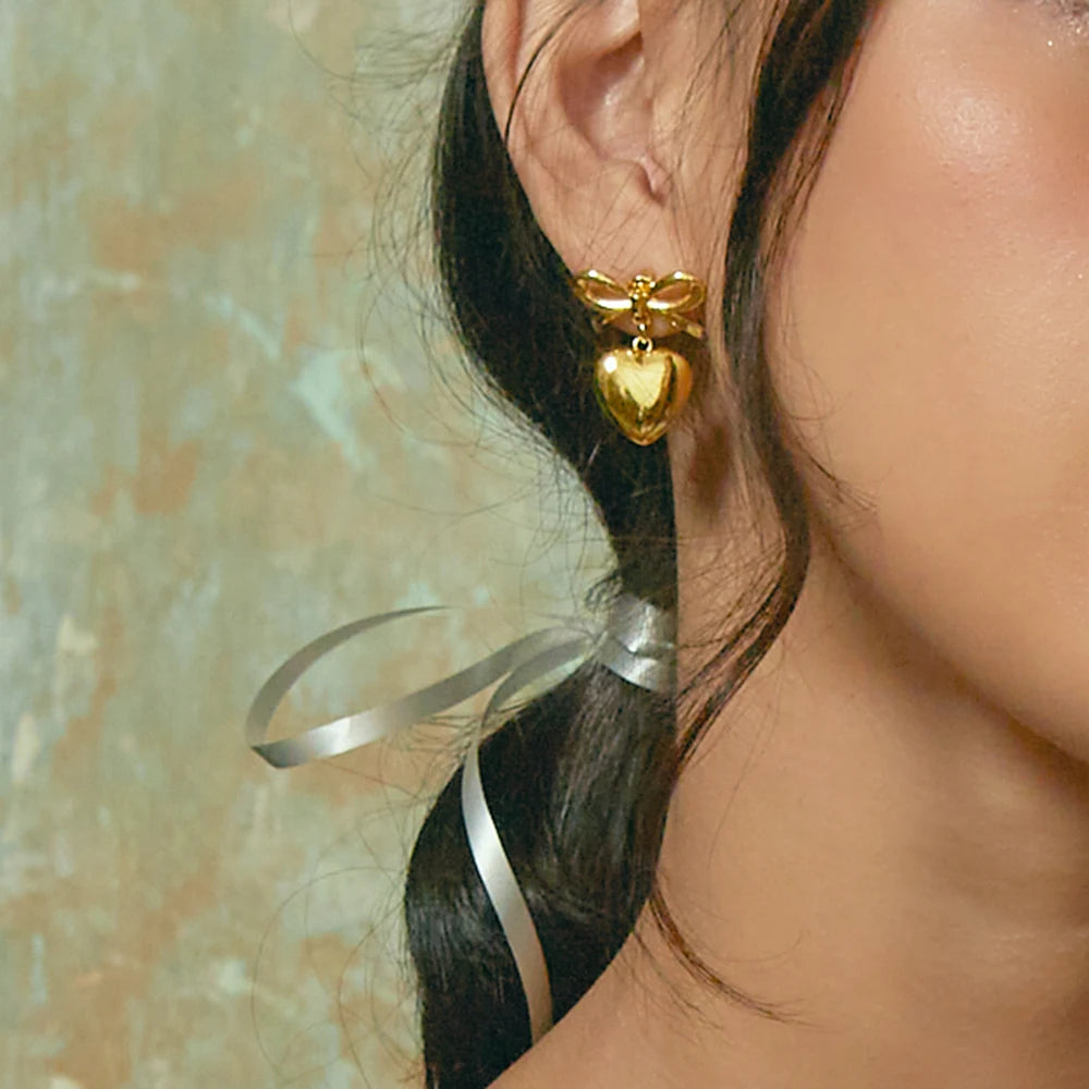 INS Trend Stainless Steel 18K Gold Plated Silver Color Gold Color Two Tone Ribbon Heart Drop Studs Earrings for Girls Jewelry