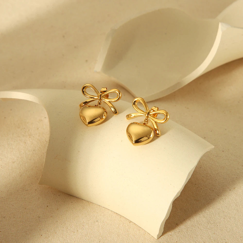 INS Trend Stainless Steel 18K Gold Plated Silver Color Gold Color Two Tone Ribbon Heart Drop Studs Earrings for Girls Jewelry