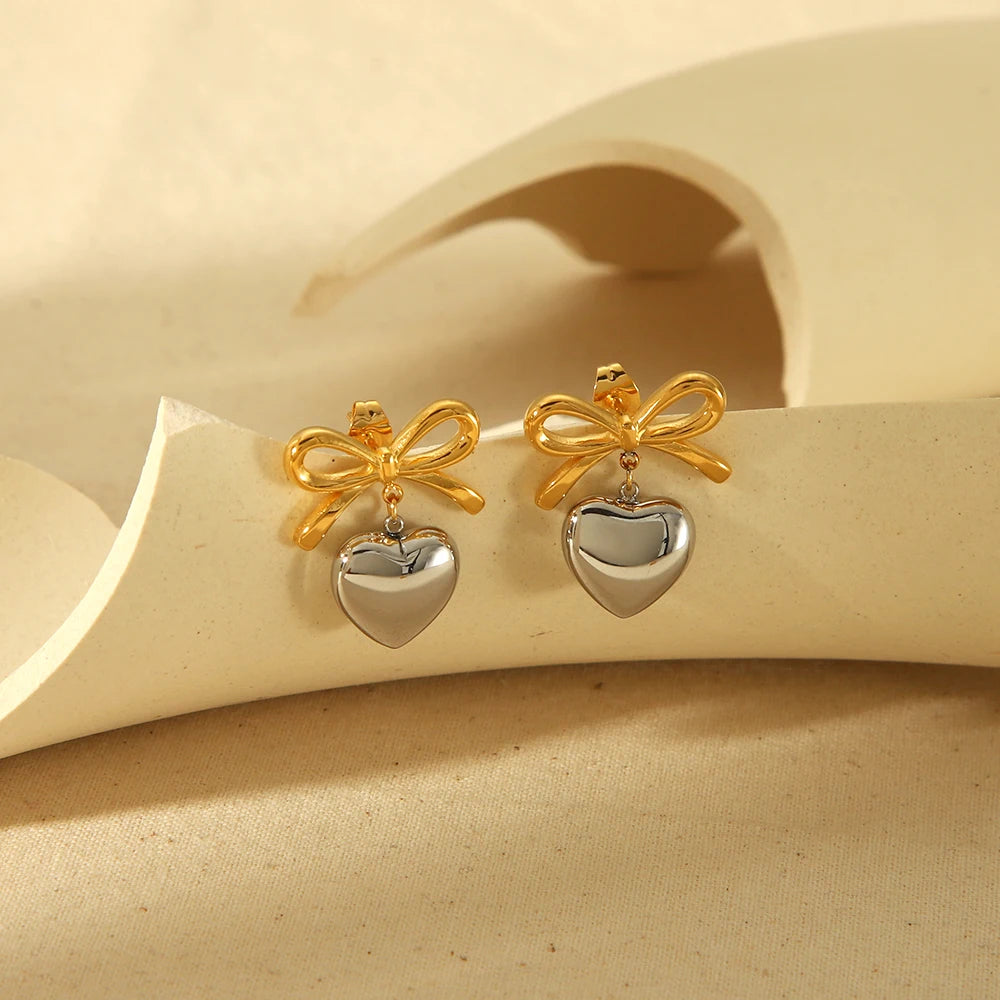 INS Trend Stainless Steel 18K Gold Plated Silver Color Gold Color Two Tone Ribbon Heart Drop Studs Earrings for Girls Jewelry