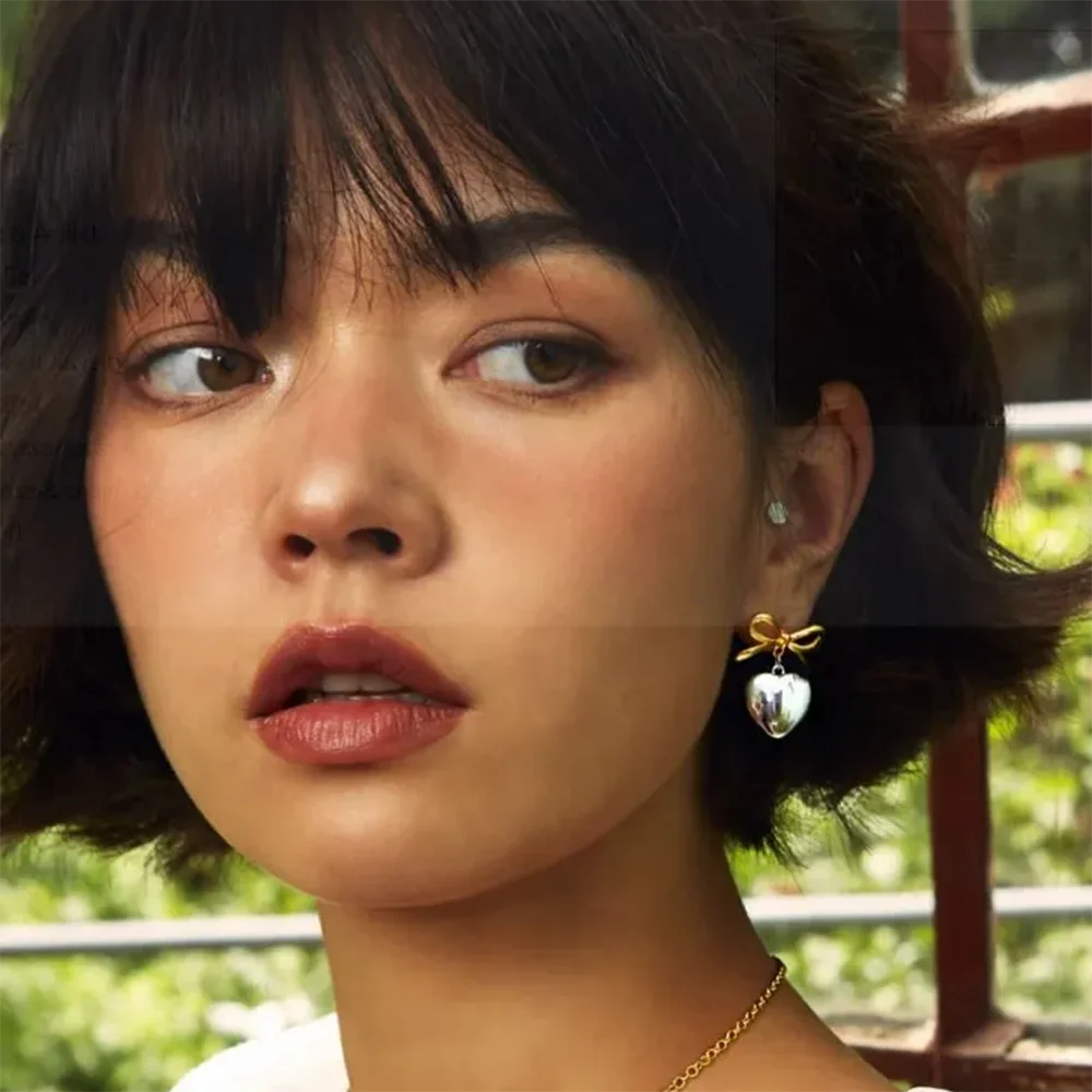 INS Trend Stainless Steel 18K Gold Plated Silver Color Gold Color Two Tone Ribbon Heart Drop Studs Earrings for Girls Jewelry