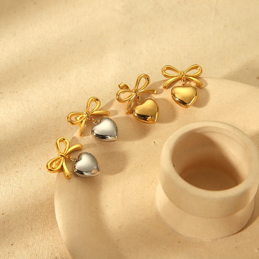 INS Trend Stainless Steel 18K Gold Plated Silver Color Gold Color Two Tone Ribbon Heart Drop Studs Earrings for Girls Jewelry