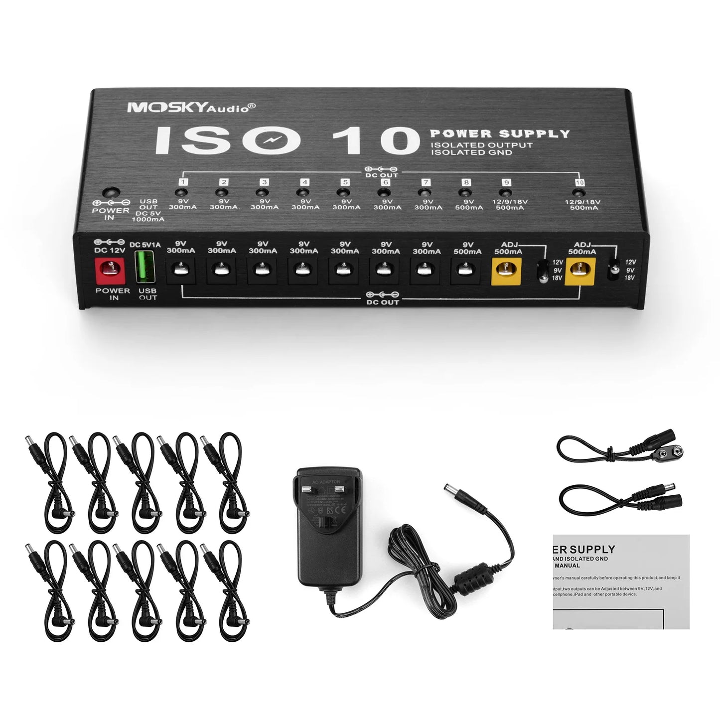MOSKY ISO-10 Guitar Effect Pedal Power Supply 10 Isolated DC Outputs/ 5V USB Output for 9V 12V 18V Protection Guitar Accessories